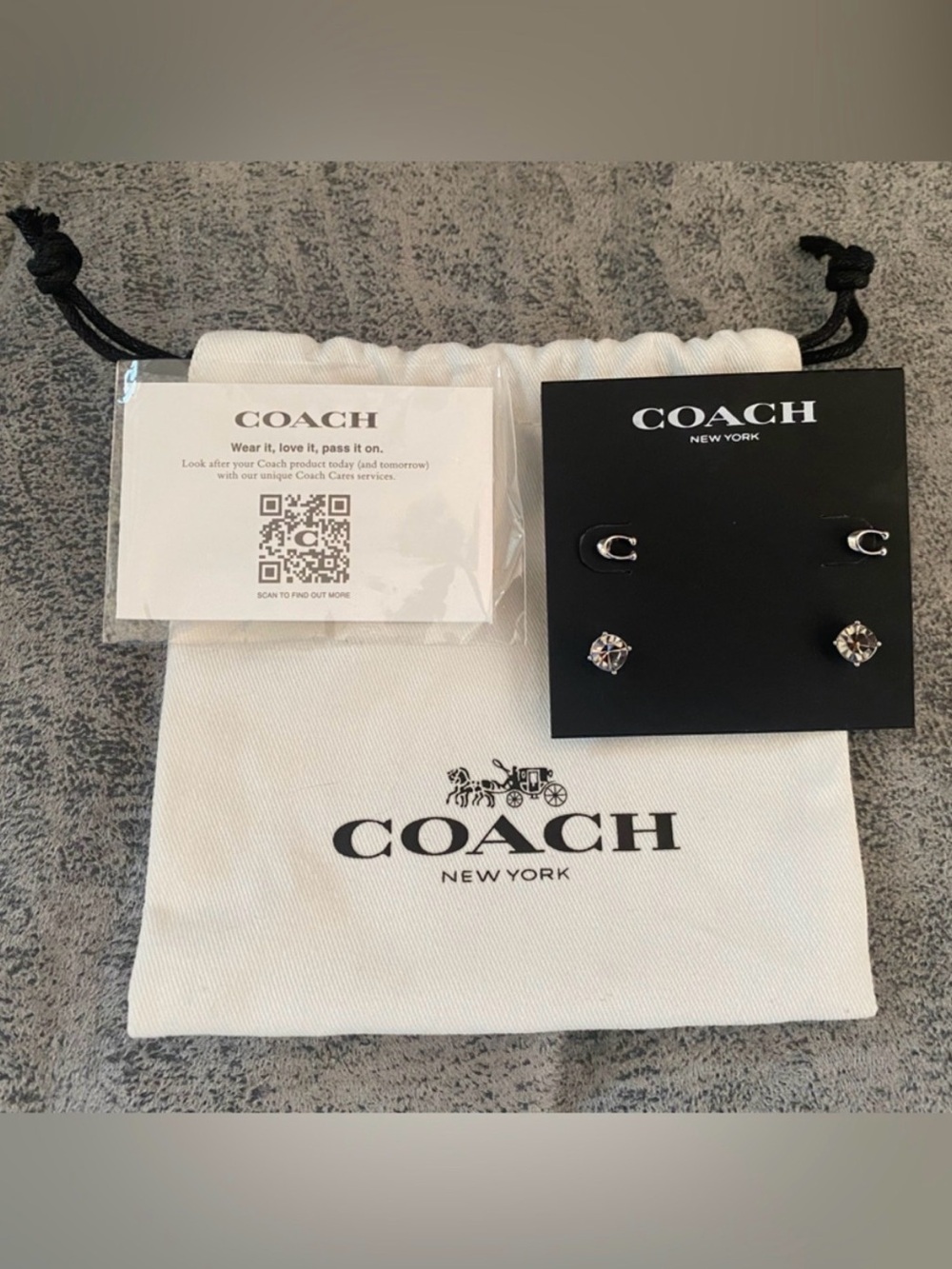 Coach Signature C & Stone Stud Silver Tone Earrings Set w/ Branded Dusty - NWT